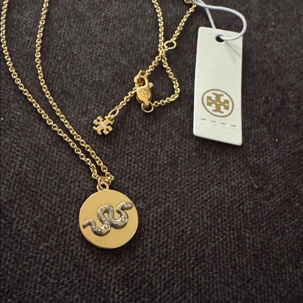 Tory Burch Gold Logo Snake Medallion Gold Necklace $129 NWT